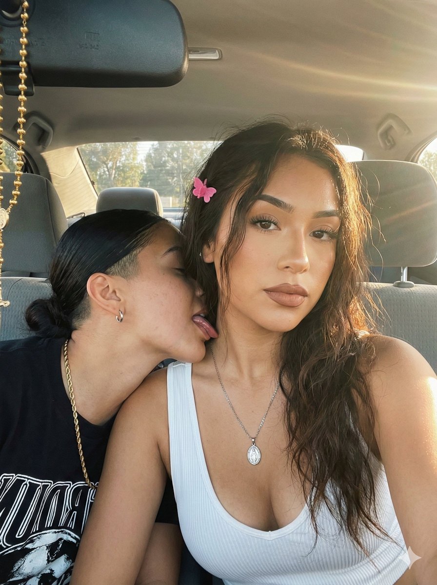 Intimate Car Selfie With Two Women And Golden Hour Lighting — Nano Banana Pro image prompt example