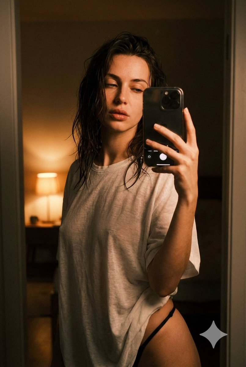 Intimate Late Night Iphone Selfie In Oversized T Shirt — Nano Banana Pro image prompt example