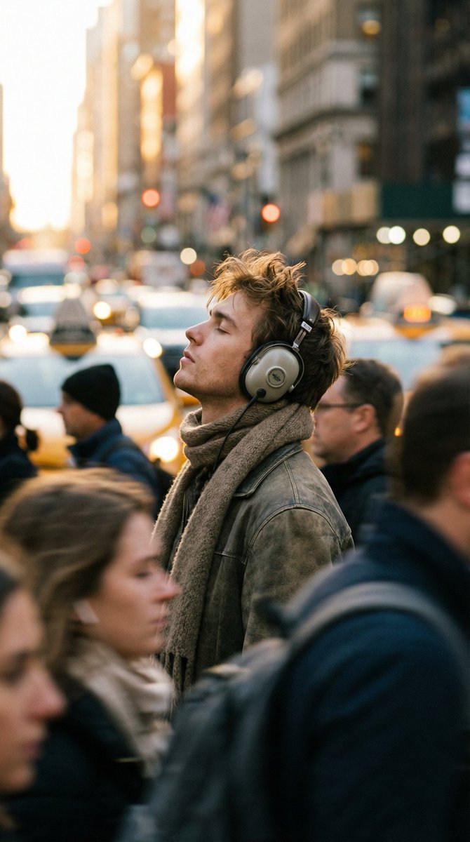 Introspective Man In Motion Blurred City Crowd — Nano Banana Pro image prompt example