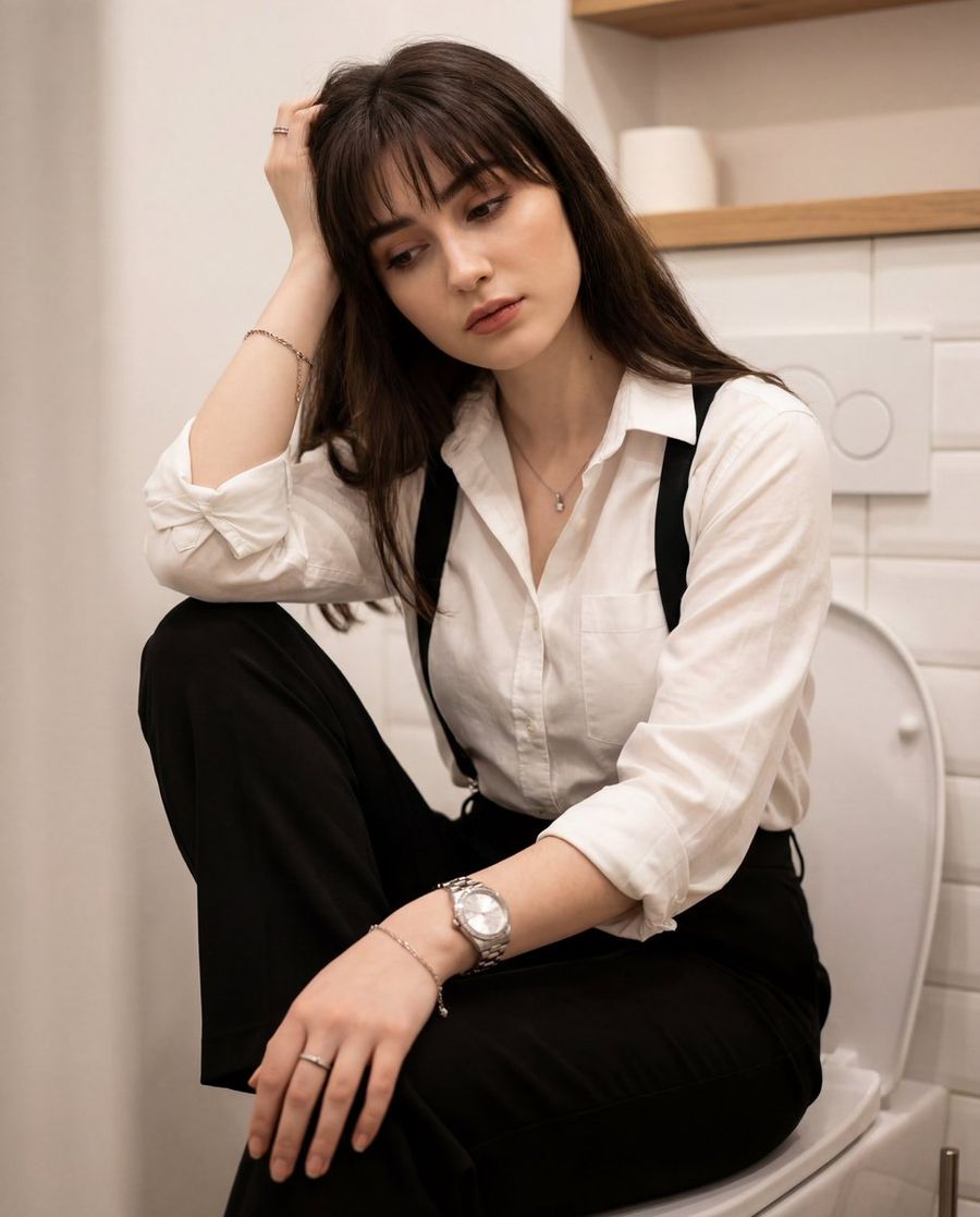 Introspective Portrait In A Bathroom With Identity Lock — Nano Banana Pro image prompt example