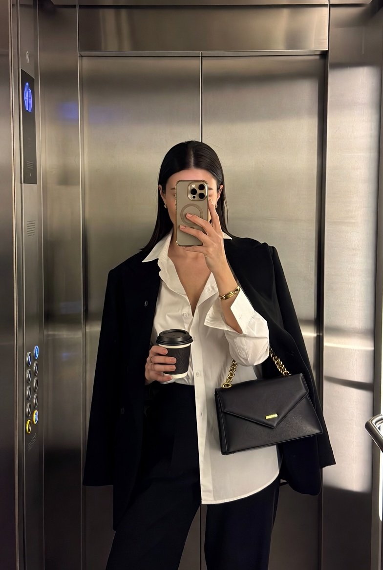 Iphone Mirror Selfie With Old Money Corporate Elegance Vibe — Nano Banana Pro image prompt example