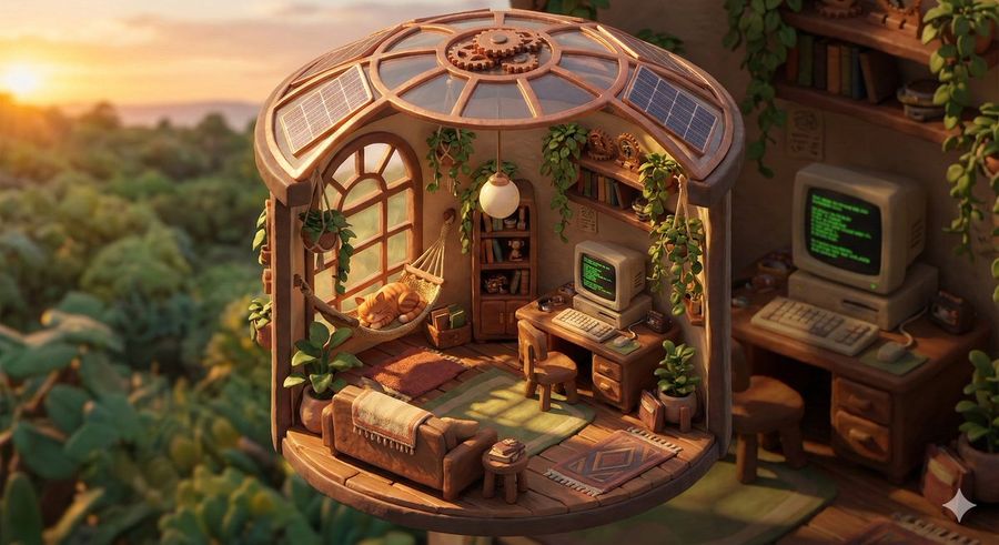 Isometric Solarpunk Cozy Room Diorama Prompt — Nano Banana Pro image prompt example