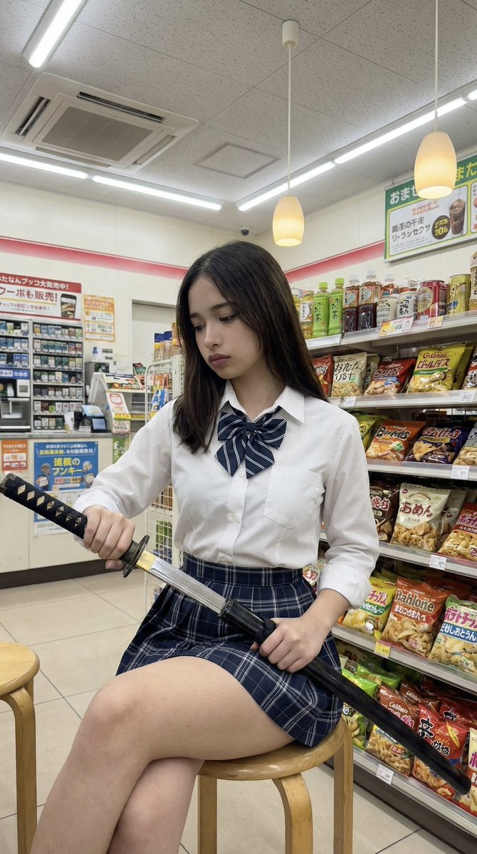 Japanese Konbini Portrait With Katana — Nano Banana Pro image prompt example
