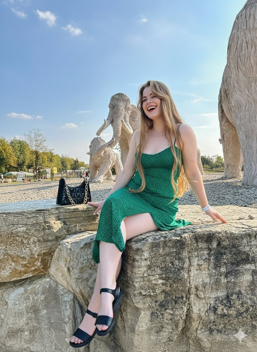 Joyful Woman At Prehistoric Mammoth Park — Nano Banana Pro image prompt example