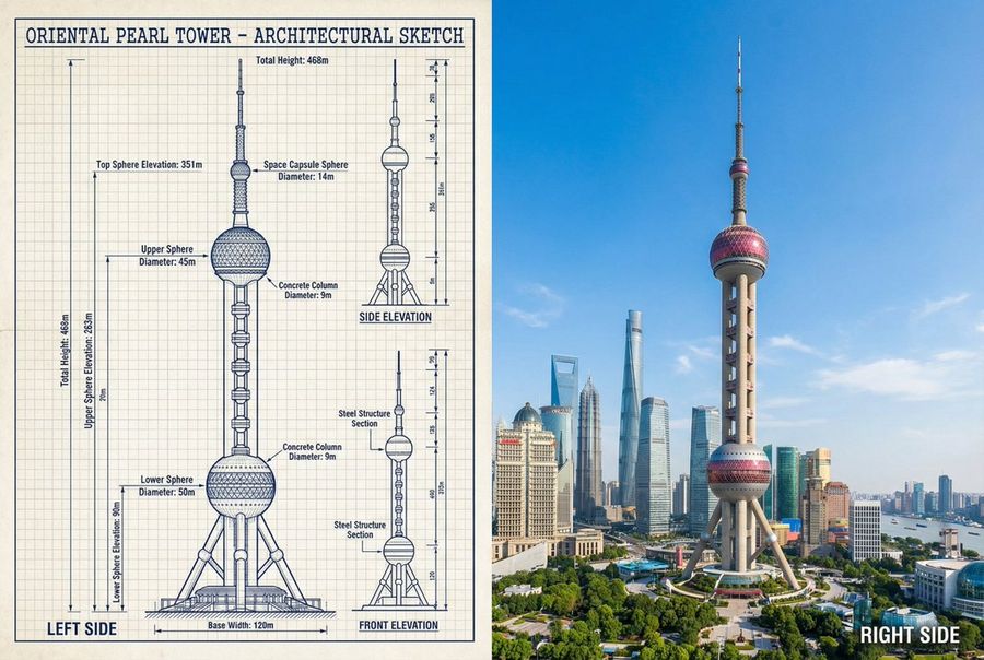 Json Prompt For Side By Side Architectural Comparison Of Oriental Pearl Tower — Nano Banana Pro image prompt example