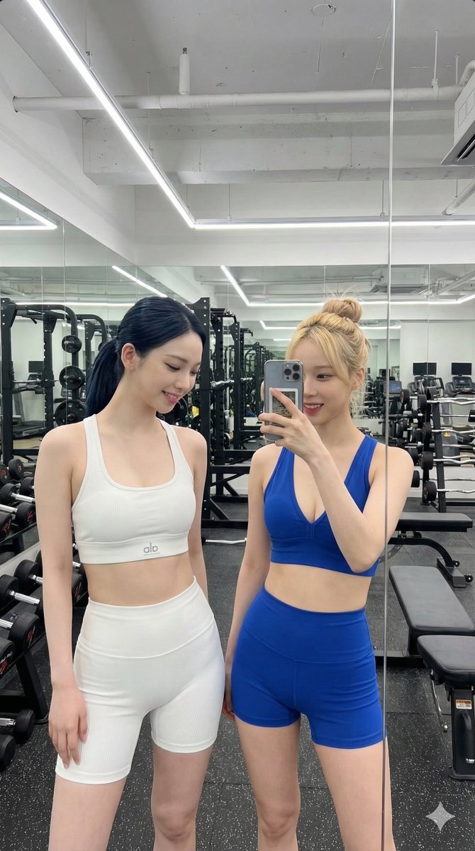 K Pop Idols Gym Mirror Selfie — Nano Banana Pro image prompt example
