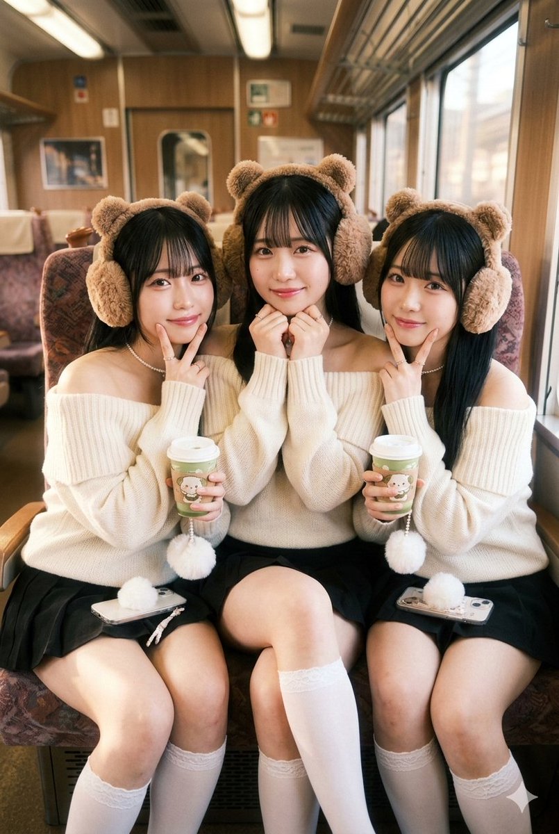 Kawaii Japanese Triplets On A Train — Nano Banana Pro image prompt example