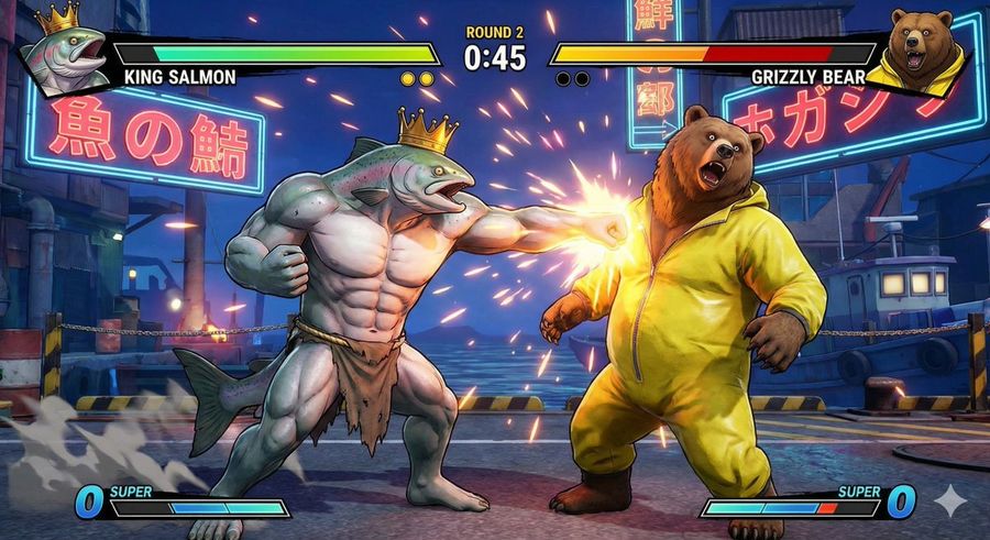King Salmon Vs Grizzly Bear Battle — Nano Banana Pro image prompt example