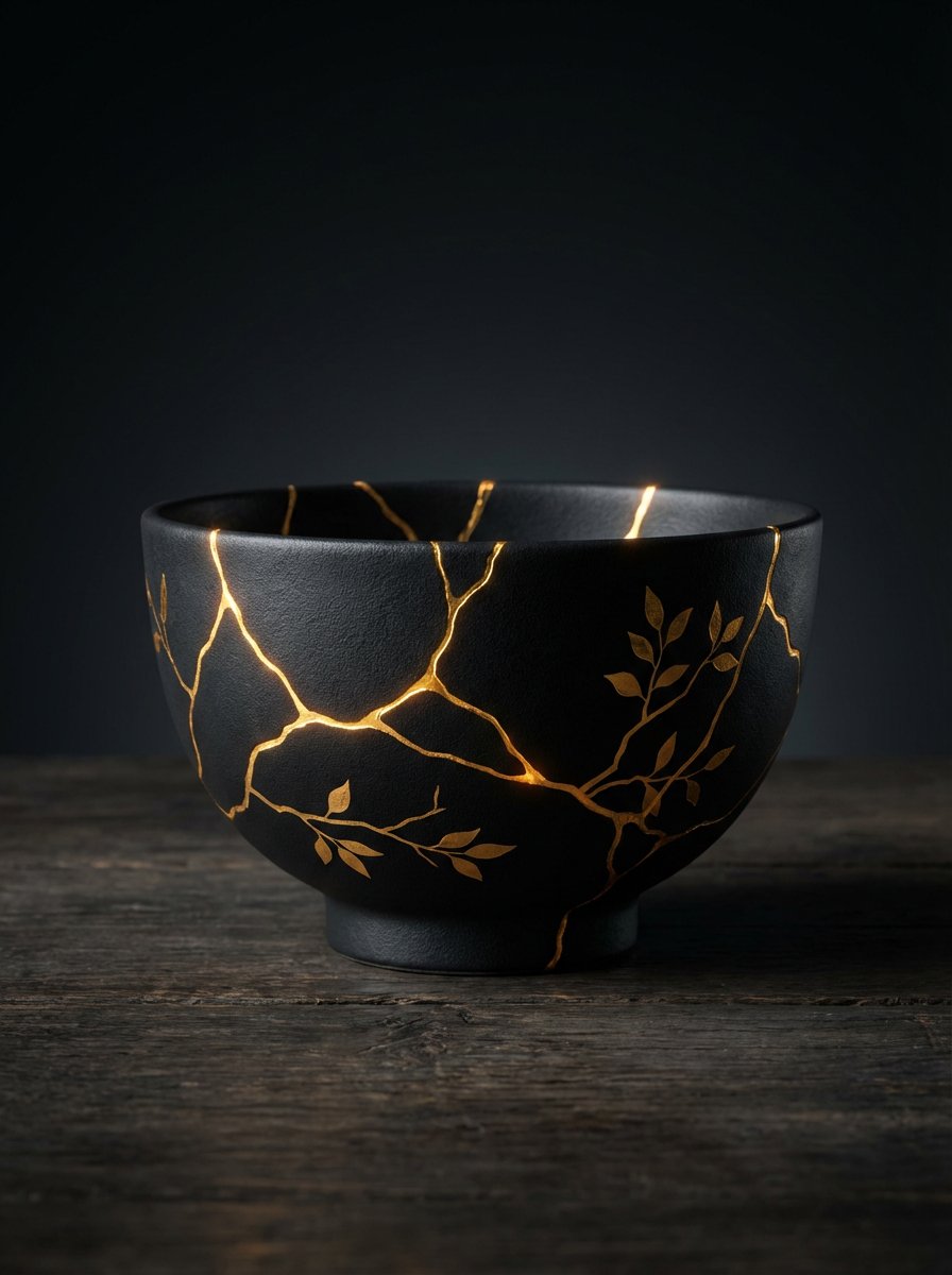 Kintsugi Black Ceramic Plate With Gold Decoration — Nano Banana Pro image prompt example