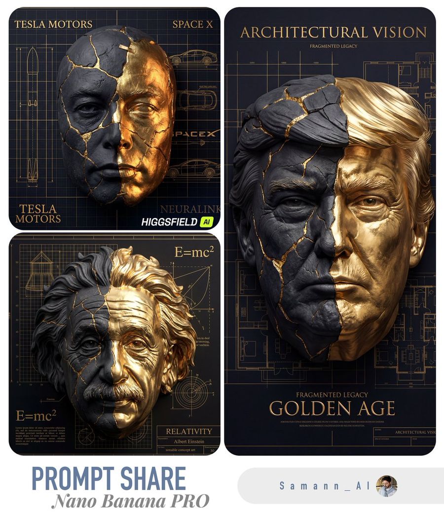 Kintsugi Inspired Architectural 3d Portrait — Nano Banana Pro image prompt example