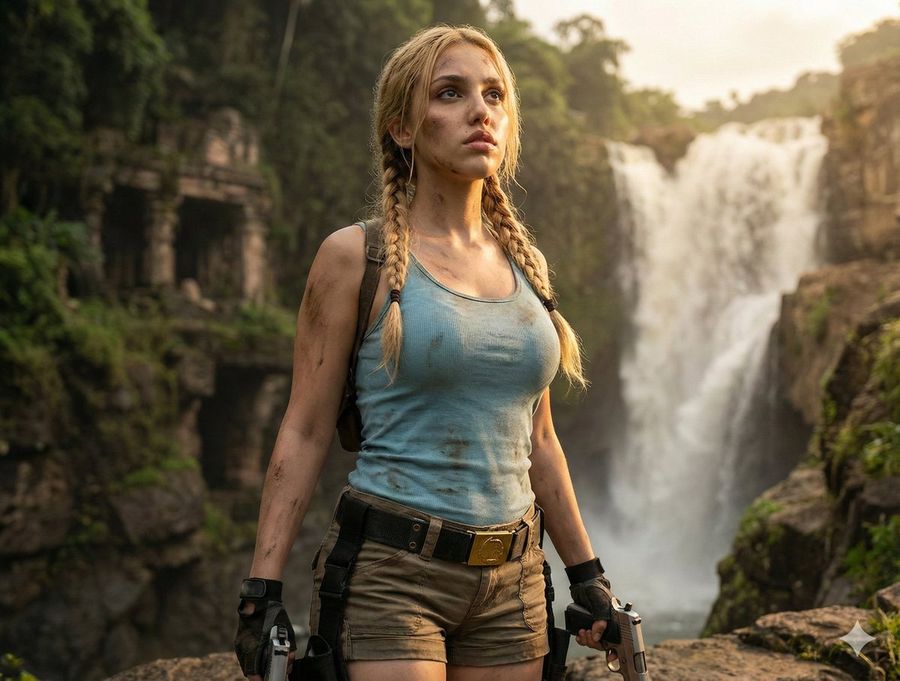 Lara Croft Inspired Action Editorial Portrait — Nano Banana Pro image prompt example