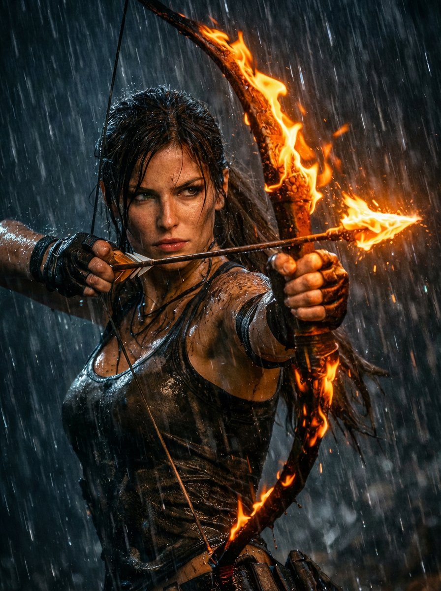 Lara Croft With Fiery Bow In Heavy Downpour — Nano Banana Pro image prompt example