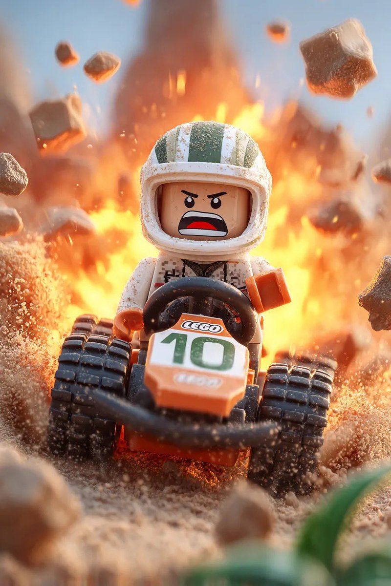 Lego Racer On Exploding Volcano Slope — Nano Banana Pro image prompt example