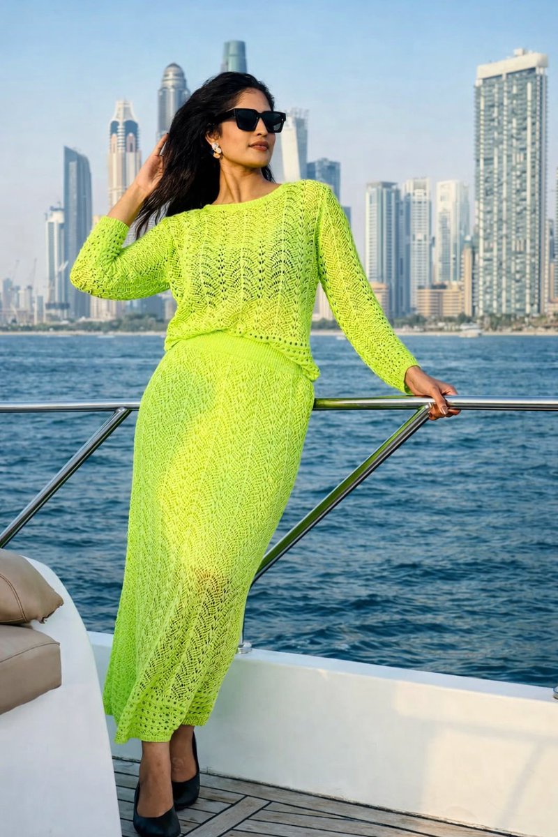 Lifestyle Portrait On Yacht In Neon Green Knitwear — Nano Banana Pro image prompt example