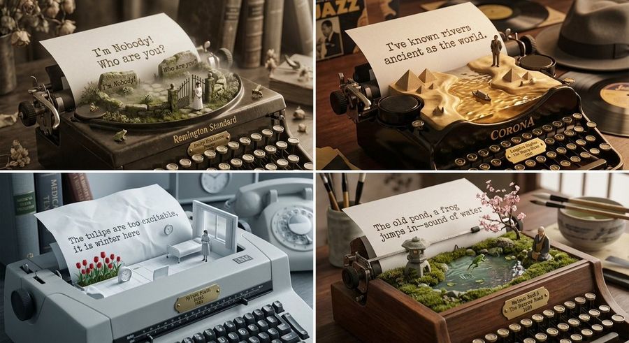 Literary Curator And Typewriter Sculptor Prompt — Nano Banana Pro image prompt example