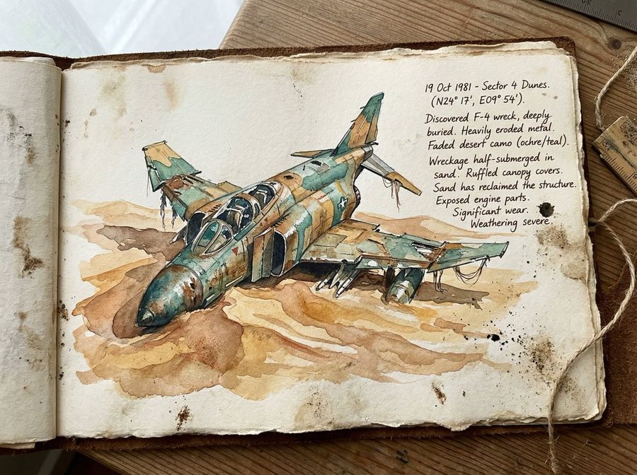 Loose Watercolor Of A Half Buried Fighter Jet In Desert Dunes — Nano Banana Pro image prompt example