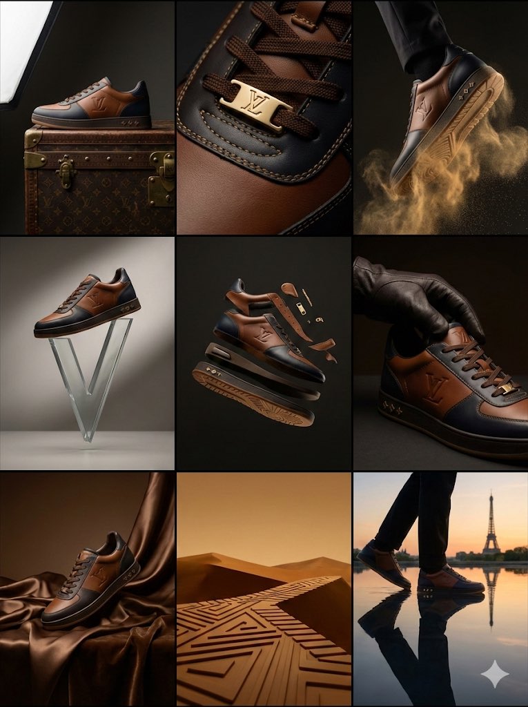 Louis Vuitton Sneaker Editorial Grid 9 Panel Concept — Nano Banana Pro image prompt example