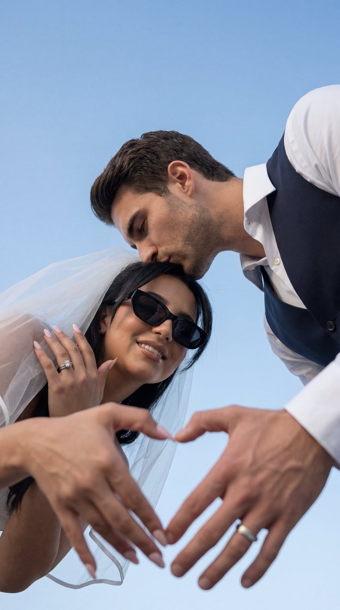 Low Angle Wedding Editorial With Heart Hands — Nano Banana Pro image prompt example