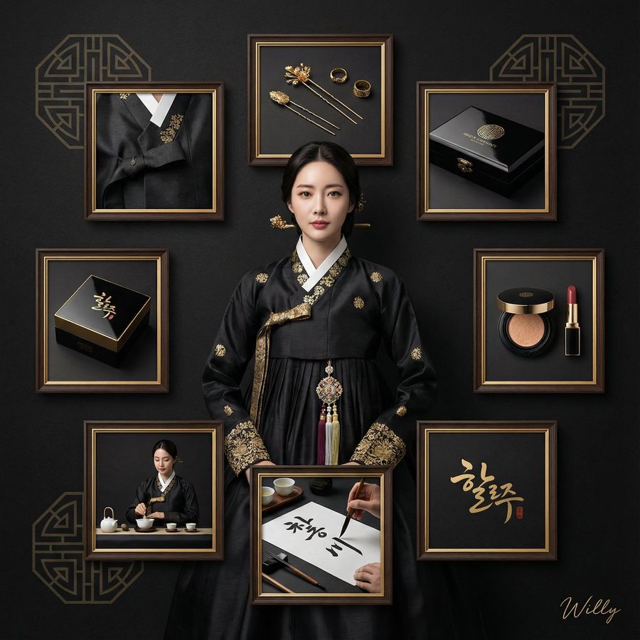 Luxury Black And Gold Korean Brand Identity Collage — Nano Banana Pro image prompt example