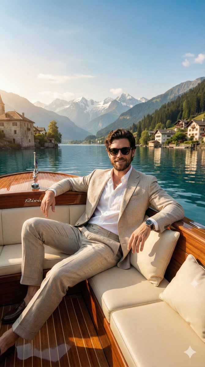 Luxury Boat Alpine Lake Editorial Photo Prompt — Nano Banana Pro image prompt example