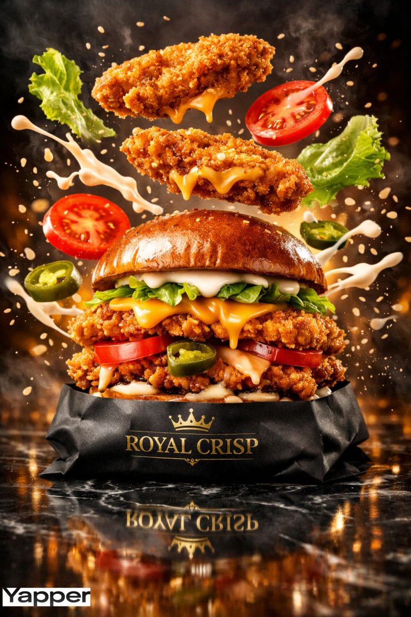 Luxury Chicken Burger Ingredient Explosion Commercial — Nano Banana Pro image prompt example