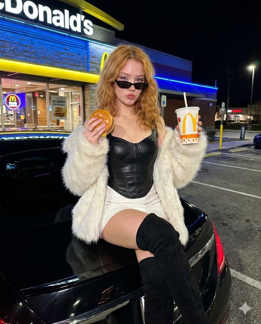 Luxury Nightlife Editorial At Mcdonalds Parking Lot — Nano Banana Pro image prompt example