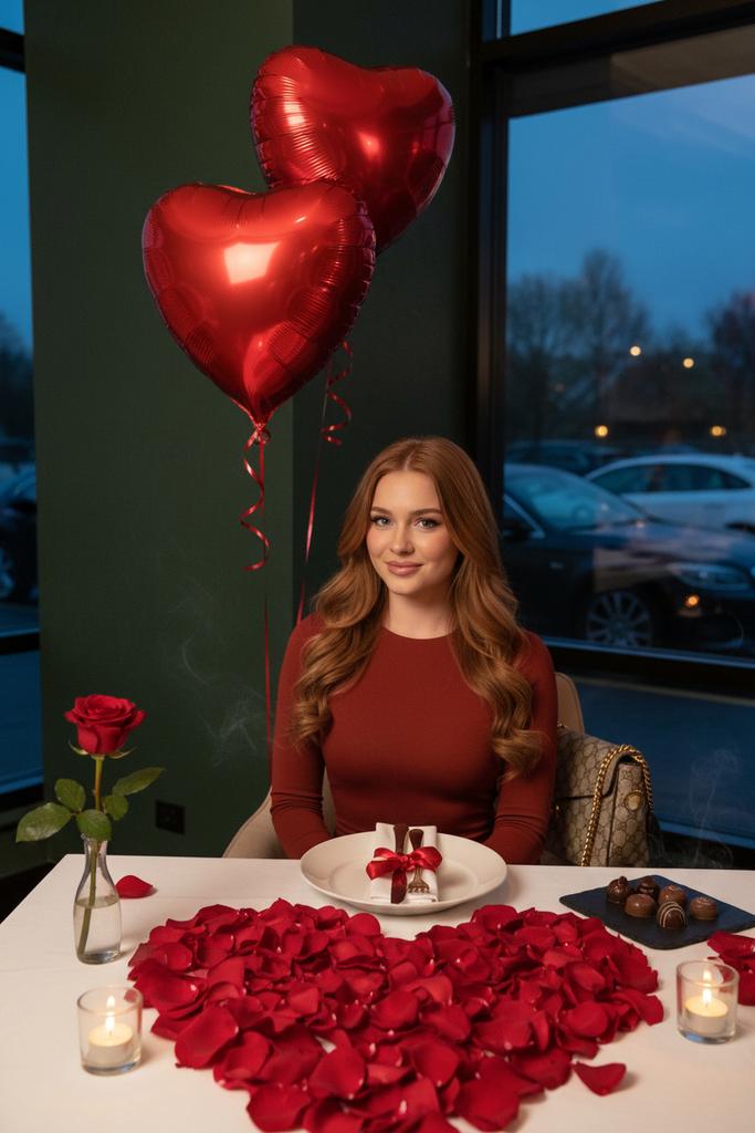 Luxury Valentines Dinner Photoshoot Reddish Brown Hair — Nano Banana Pro image prompt example