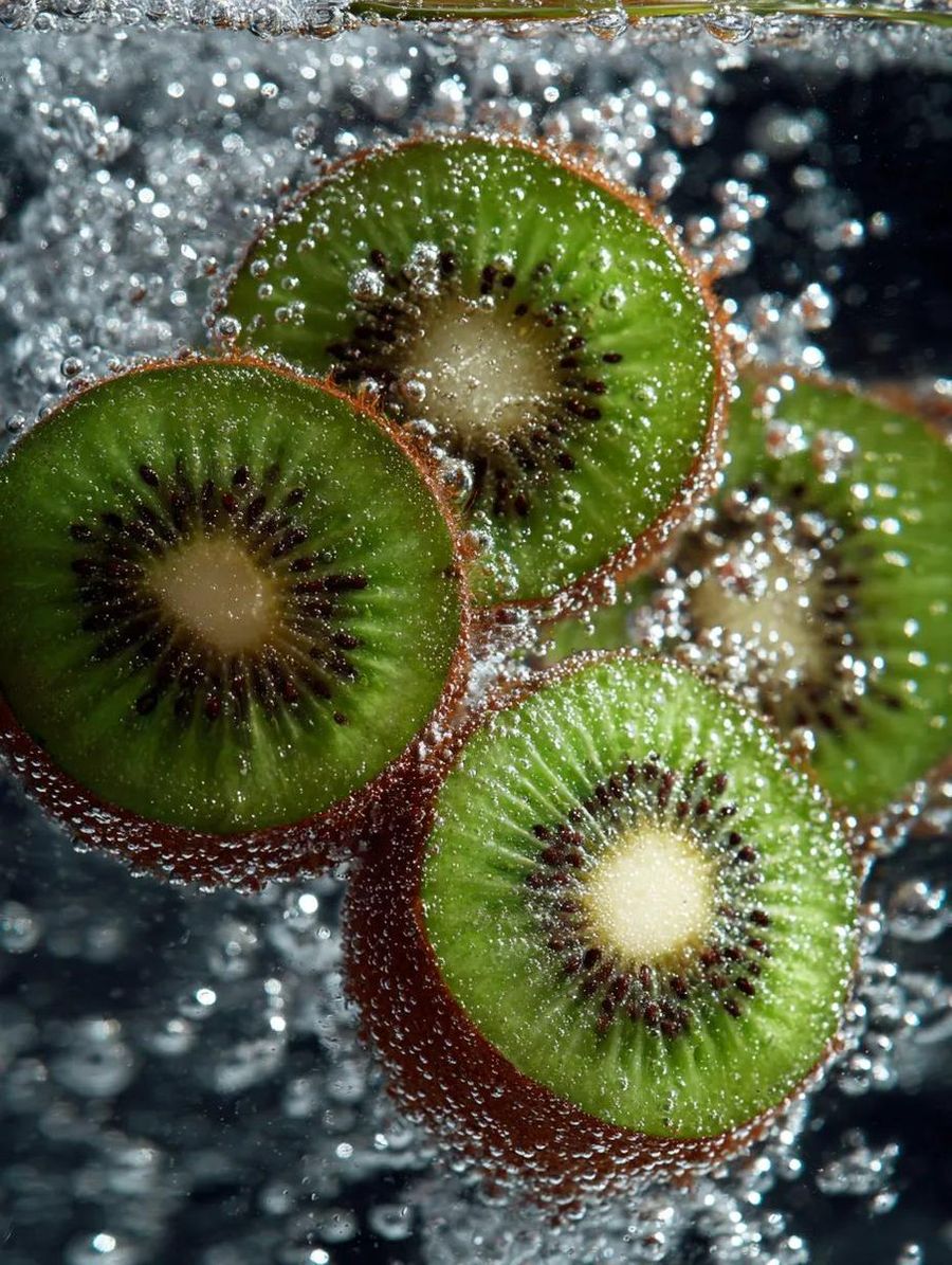 Macro Shot Of Kiwi Slices In Sparkling Water — Nano Banana Pro image prompt example