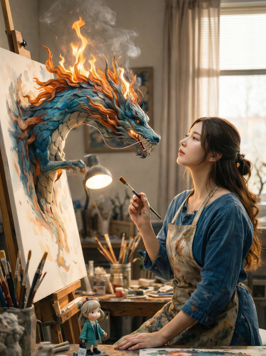 Magical Realism Dragon Emerging From Canvas — Nano Banana Pro image prompt example