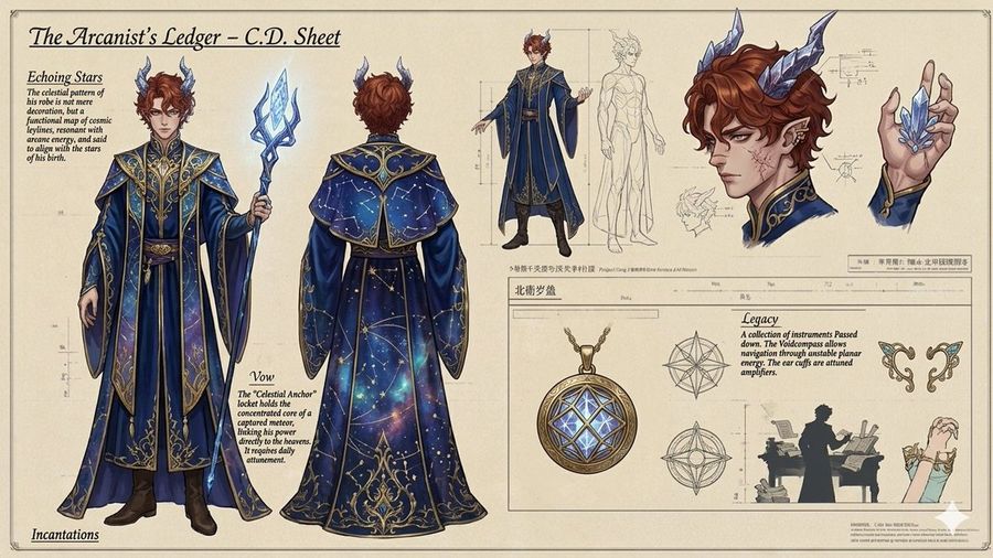 Male Mage Character Design Sheet — Nano Banana Pro image prompt example