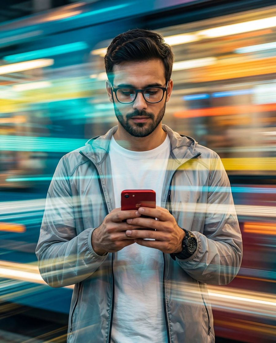 Man With Motion Blur Streaks And Double Exposure Effect — Nano Banana Pro image prompt example