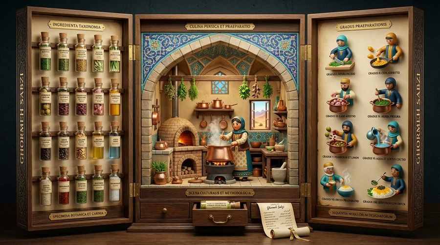 Medieval Altarpiece Display Of Ghormeh Sabzi — Nano Banana Pro image prompt example