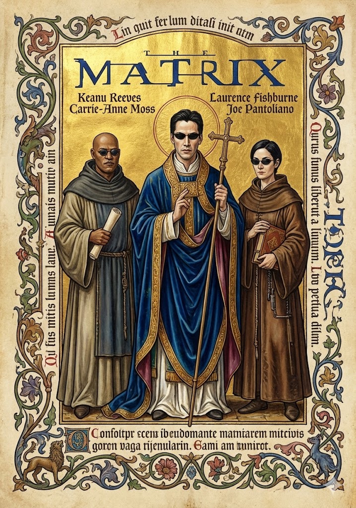 Medieval Illuminated Manuscript Of The Matrix Characters — Nano Banana Pro image prompt example