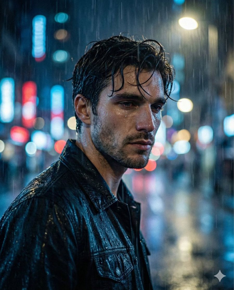 Melancholic Sad Boy In The Rain Reference Face — Nano Banana Pro image prompt example