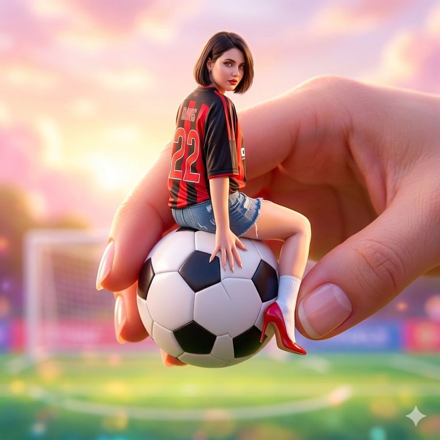 Miniature Fashionable Girl On Soccer Ball — Nano Banana Pro image prompt example