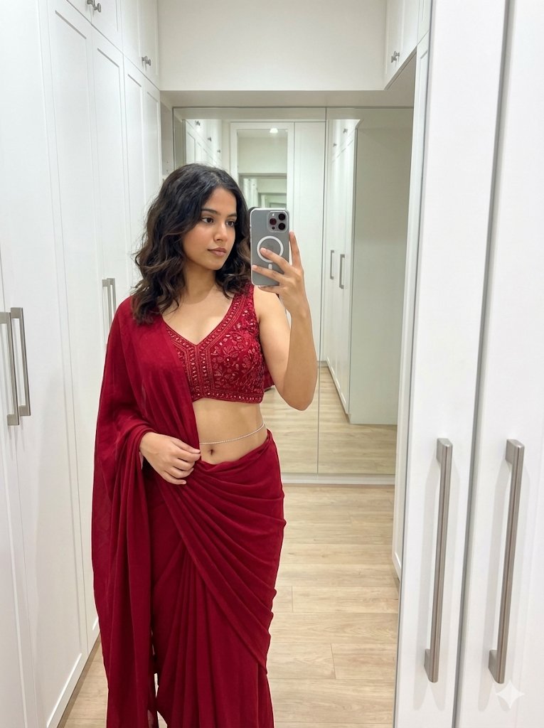 Mirror Selfie In Modern Saree Prompt — Nano Banana Pro image prompt example