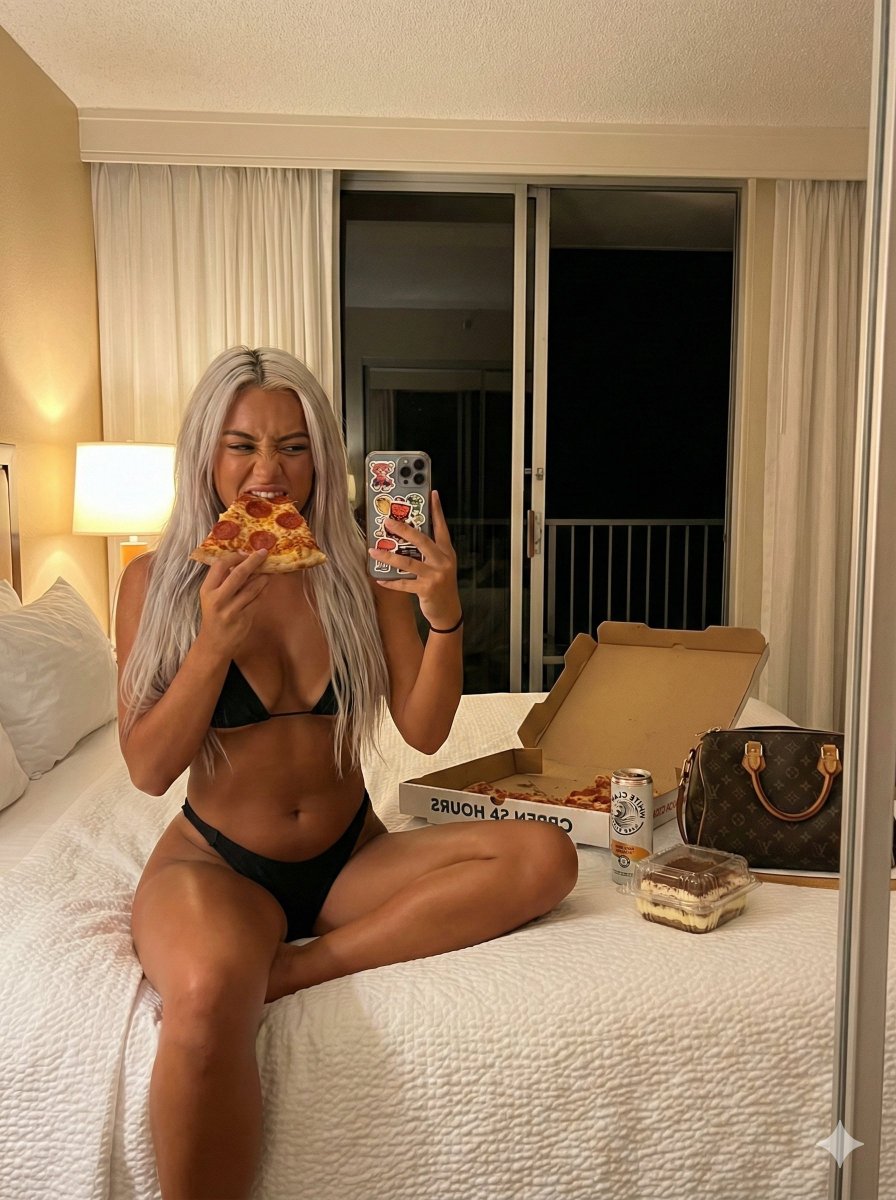 Mirror Selfie While Eating Pizza In A Hotel Room — Nano Banana Pro image prompt example