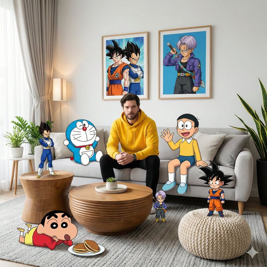 Mixed Media Anime And Reality Living Room Scene Prompt — Nano Banana Pro image prompt example