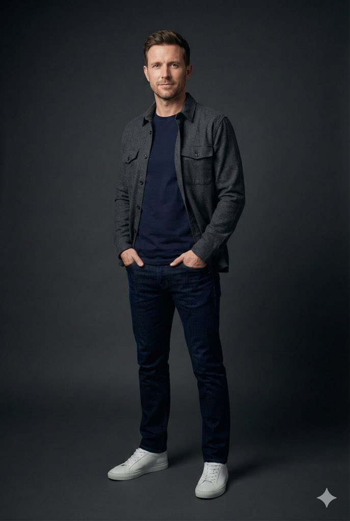 Modern Casual British Man Studio Portrait Prompt — Nano Banana Pro image prompt example