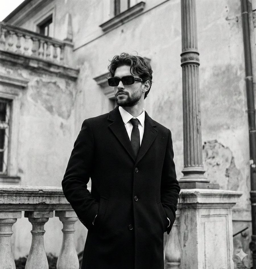 Monochromatic Editorial Portrait Of A Stylish Man — Nano Banana Pro image prompt example