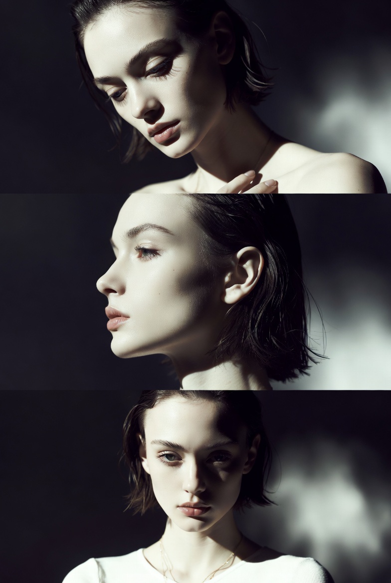Monochrome Fashion Editorial Triptych Female — Nano Banana Pro image prompt example