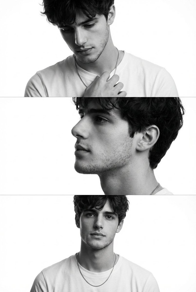 Monochrome Fashion Editorial Triptych Male — Nano Banana Pro image prompt example
