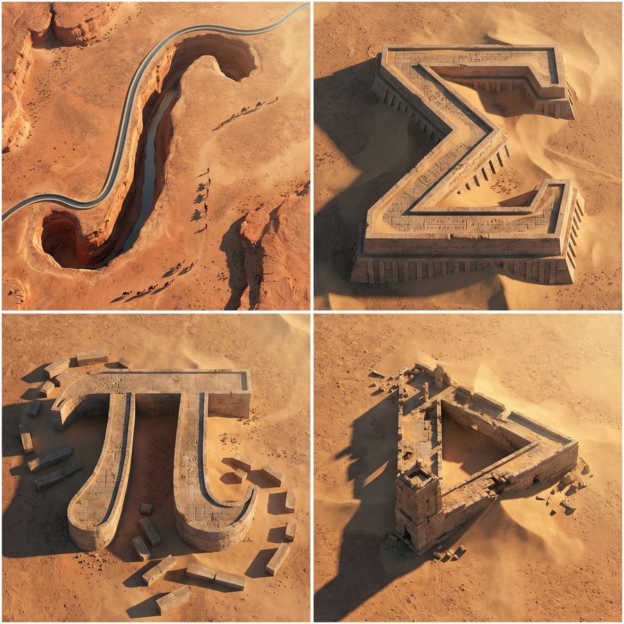 Monumental Mathematical Symbols As Terrain Typography — Nano Banana Pro image prompt example