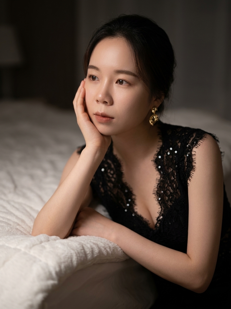 Moody East Asian Fashion Portrait In Bedroom — Nano Banana Pro image prompt example
