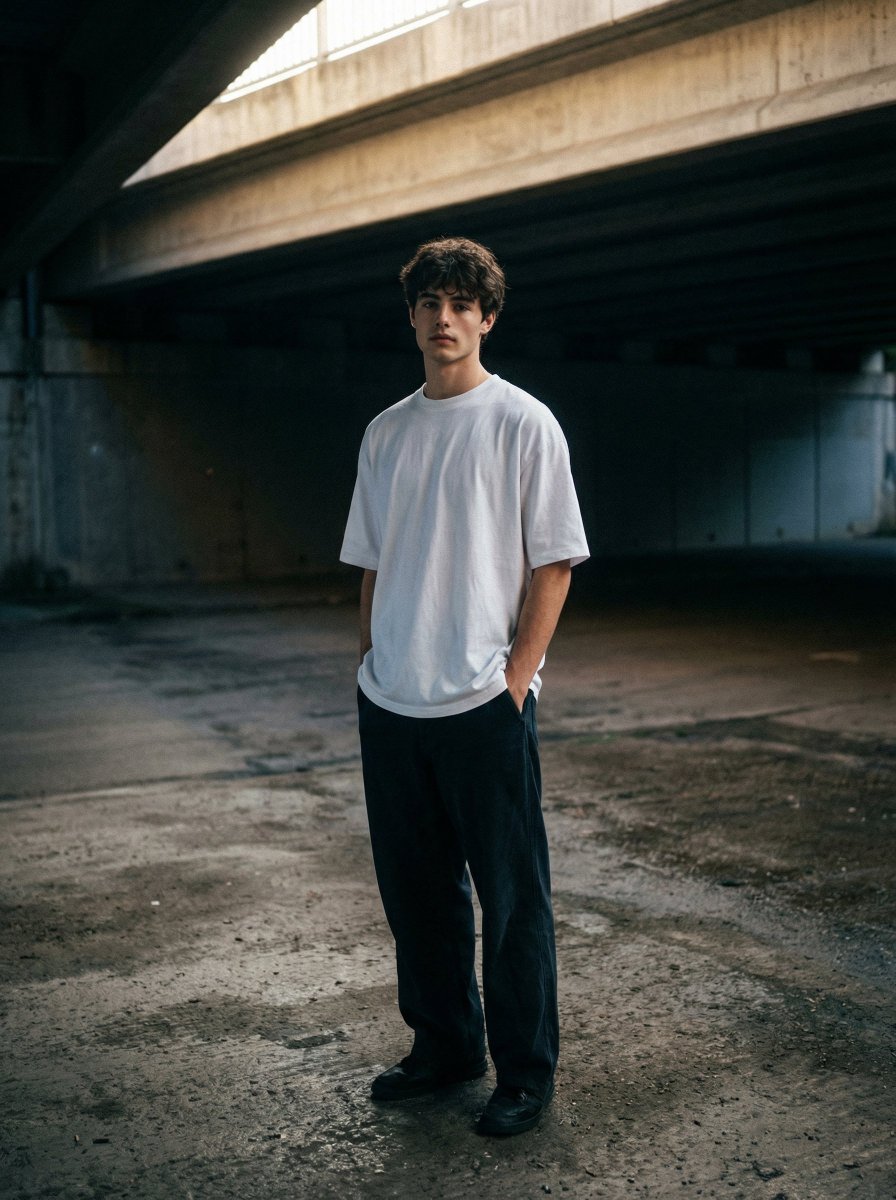 Moody Urban Portrait Under A Concrete Overpass — Nano Banana Pro image prompt example