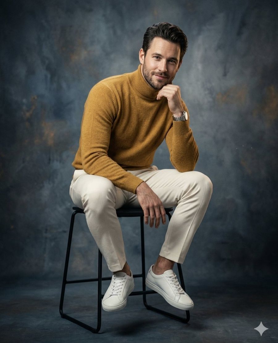 Mustard Turtleneck Studio Portrait — Nano Banana Pro image prompt example