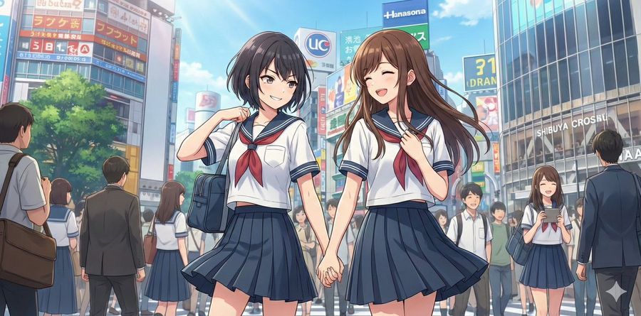 Nanobananapro Image Generation Prompt Two High School Girls In Shibuya — Nano Banana Pro image prompt example