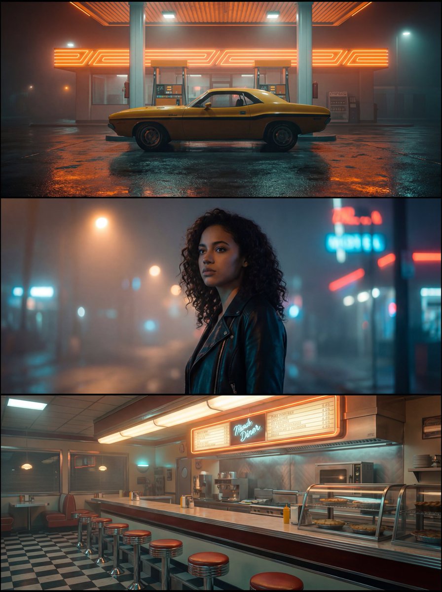 Neo Noir Synthwave Triptych Montage — Nano Banana Pro image prompt example