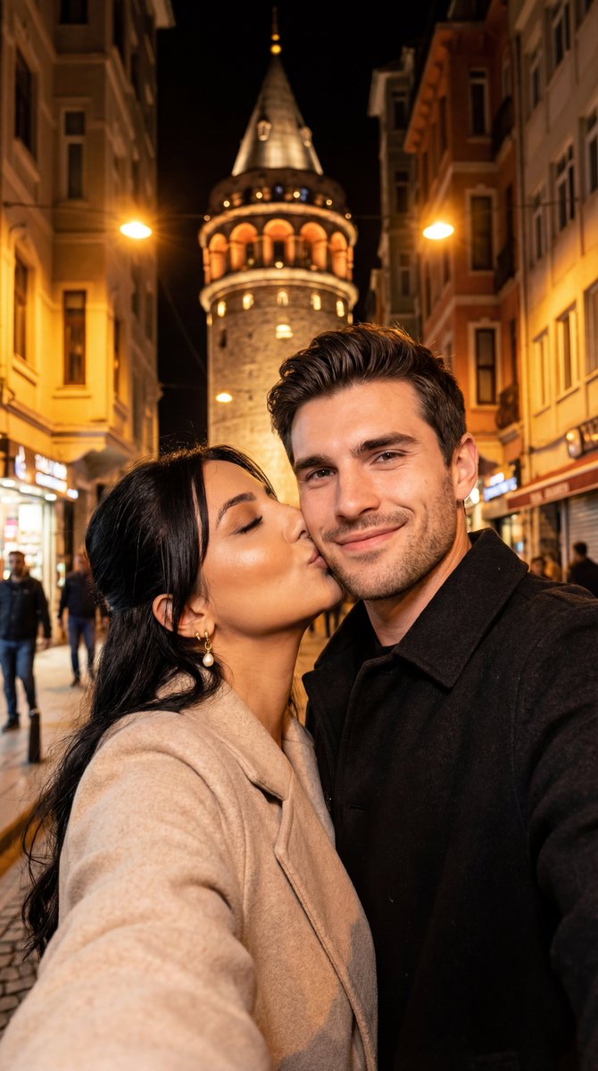 Night City Selfie Kiss Prompt Galata Tower — Nano Banana Pro image prompt example