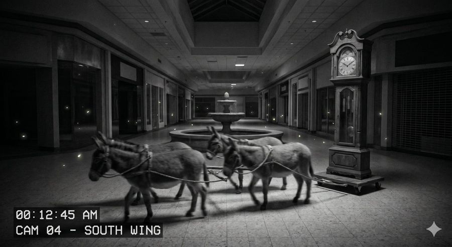 Night Surveillance Camera Donkeys — Nano Banana Pro image prompt example